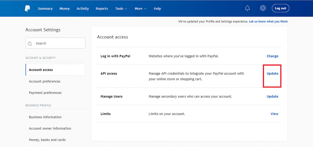 cập nhật nút API access trên PayPal
